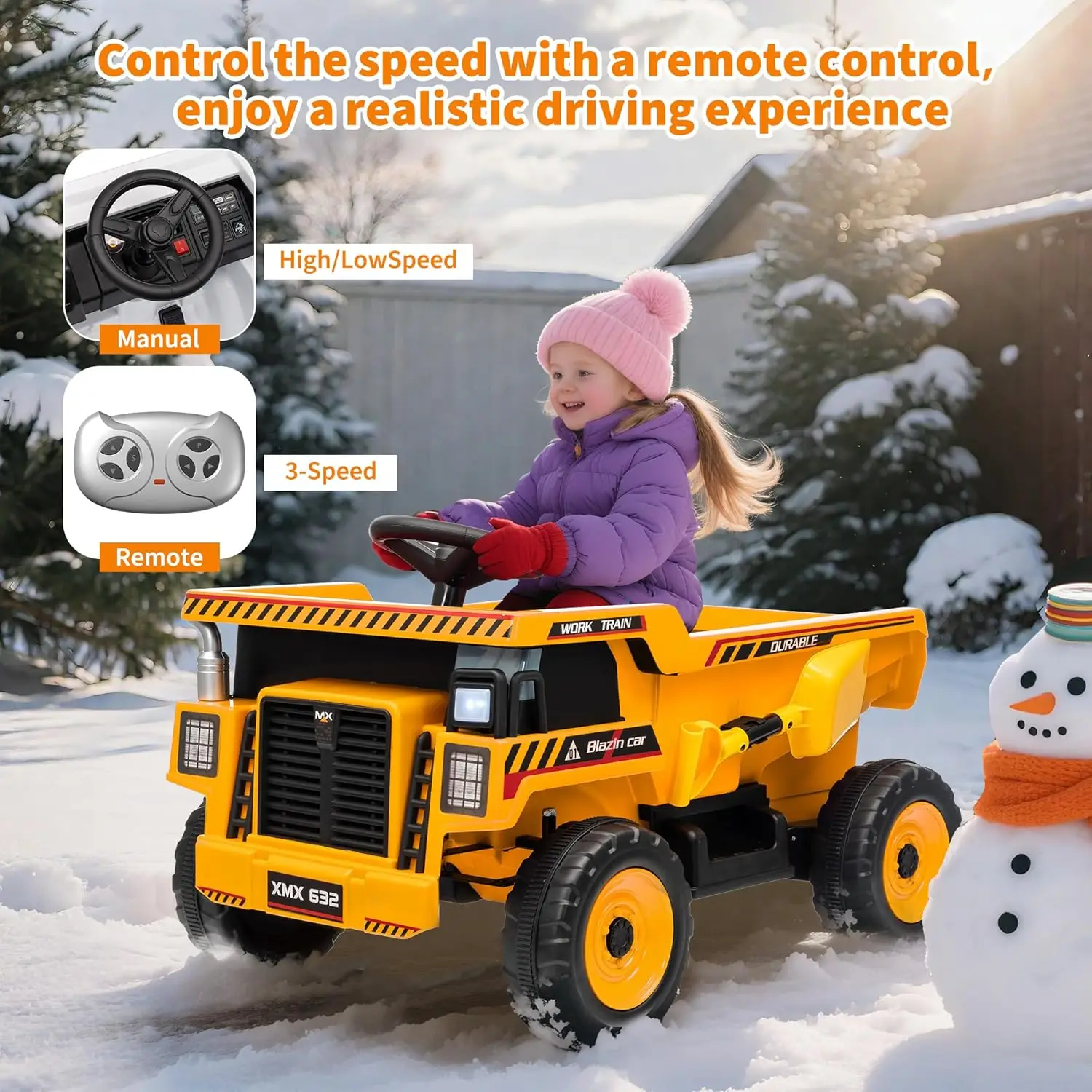 12V Kids Ride-on Dump Truck with Remote Control, Electric Dump Bed&Shovel, Bluetooth Music, LED Lights Construction Toy Vehicle