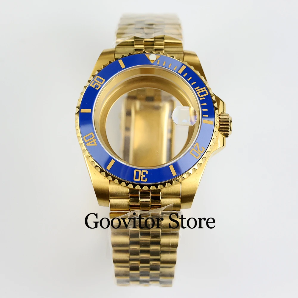 40mm pvd gold watch case jubilee/oyster strap with date window sapphire glass fit NH35 NH36 movement 28.5mm Dial submariner case