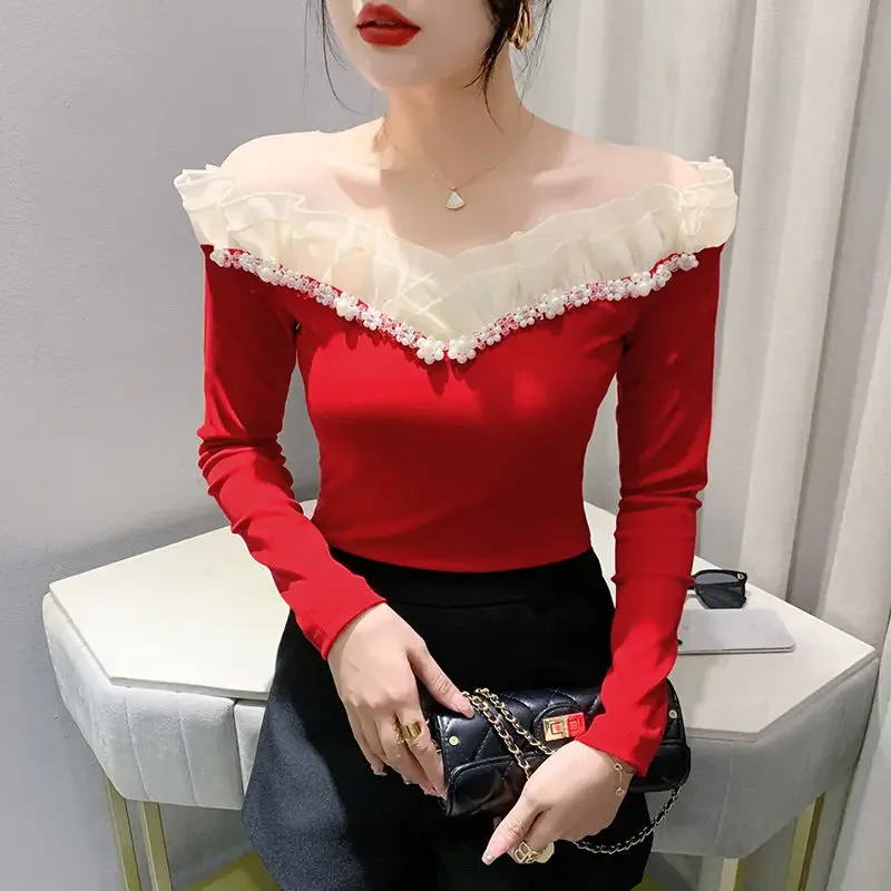 

High Quality Autumn Fashion Women Clothes T-Shirt Sexy Slash Neck Ruffled Beading Tees Long Sleeve Slim Female Cotton Tops V1038