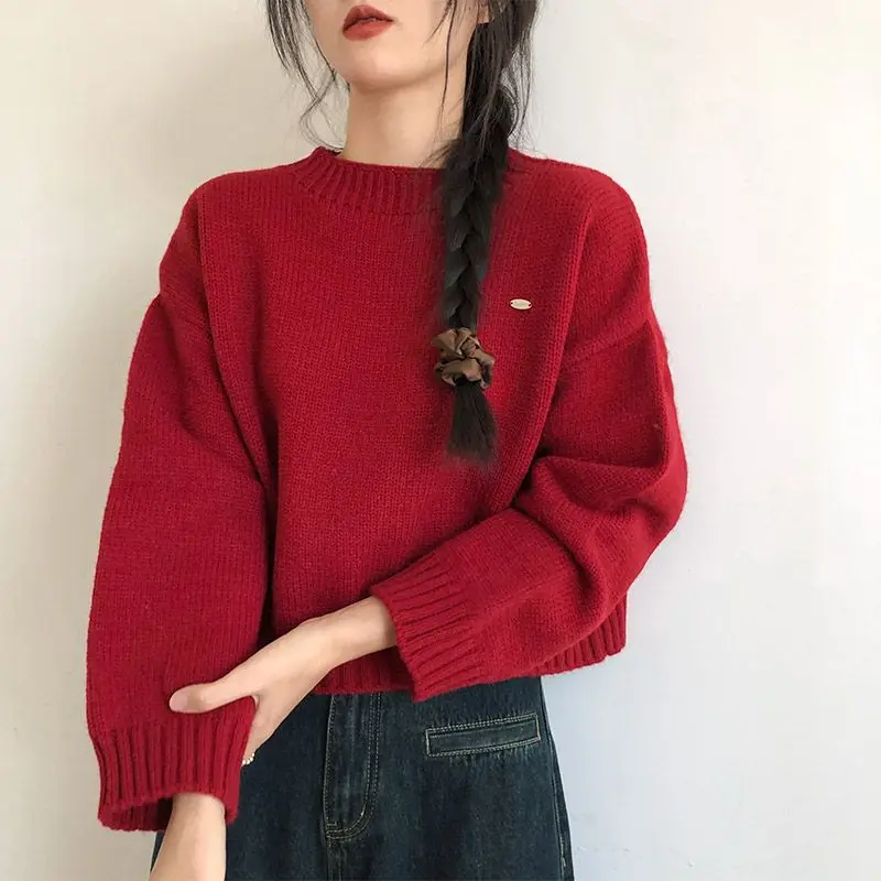 

Hong Kong Style Vintage Jumpers 2024 Autumn Winter Loose Short Knitted Female Clothing Casual Fashion Solid Color Basic Sweaters