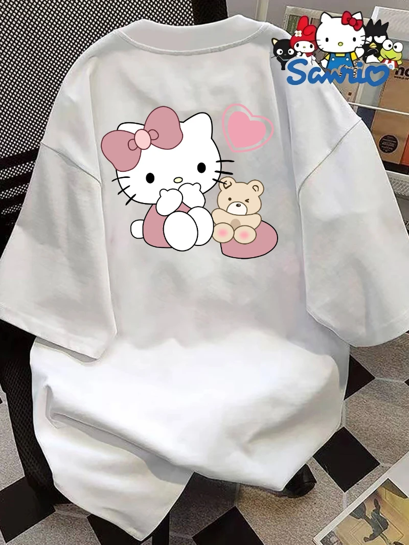 

Футболка с принтом кролика Hello Kitty, женский свободный повседневный топ с короткими рукавами и круглым вырезом, подходит для весны и лета