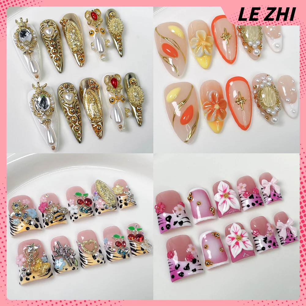 

Spice Girl Handmade Almond Duckbill Golden Fake Nails Flowers Rhinestone Bow Pearl French Leopard Print Stripes Press On Nails