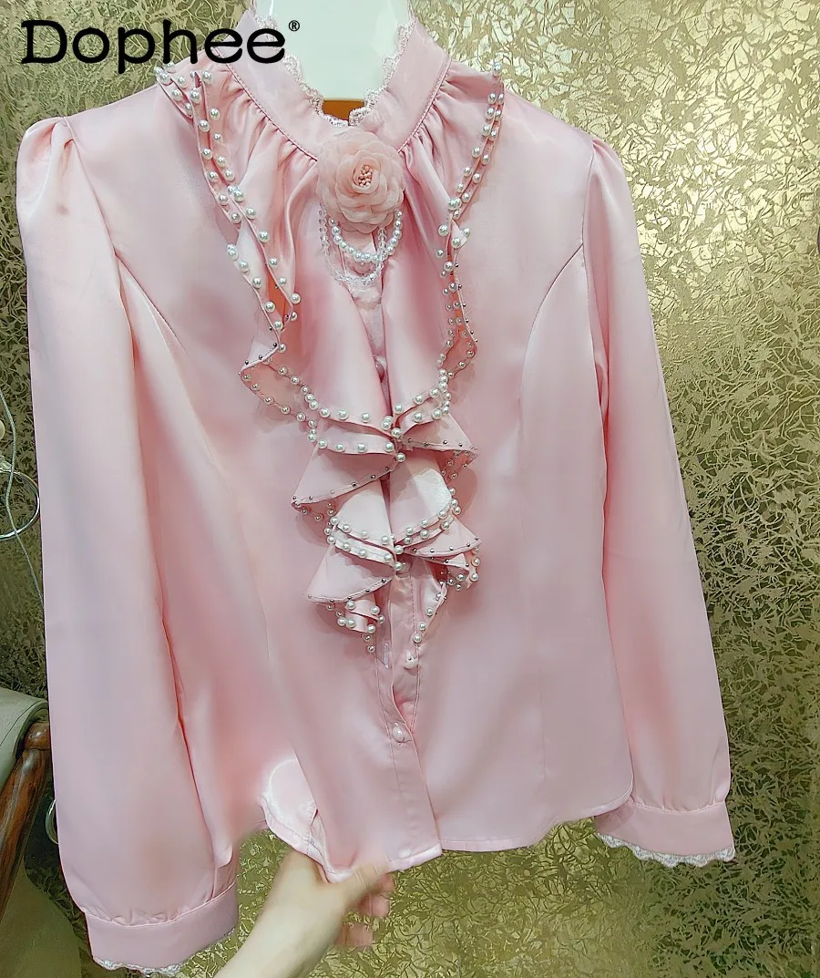 

Sweet Ruffled Stringy Pearl Collar Flower Long Sleeve Shirt Spring Autumn Retro Puff Sleeve Glossy Fabric Pink Shirt Women