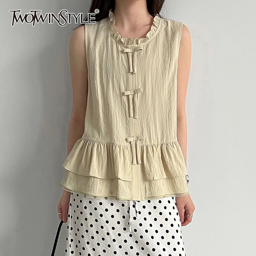 

TWOTWINSTYLE Повседневная женская свободная рубашка с оборками и складками, без рукавов, с круглым вырезом, в стиле пэчворк, с бантом, базовая модель, новинка