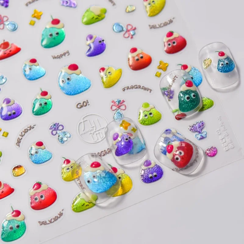 Gelei Pudding Kersen Grappige Ogen Fruit Voedsel Geboord Kat Glanzende Liefde Hart Cartoon Taart Koek Reliëf Nail Art Sticker Manicure Sticker