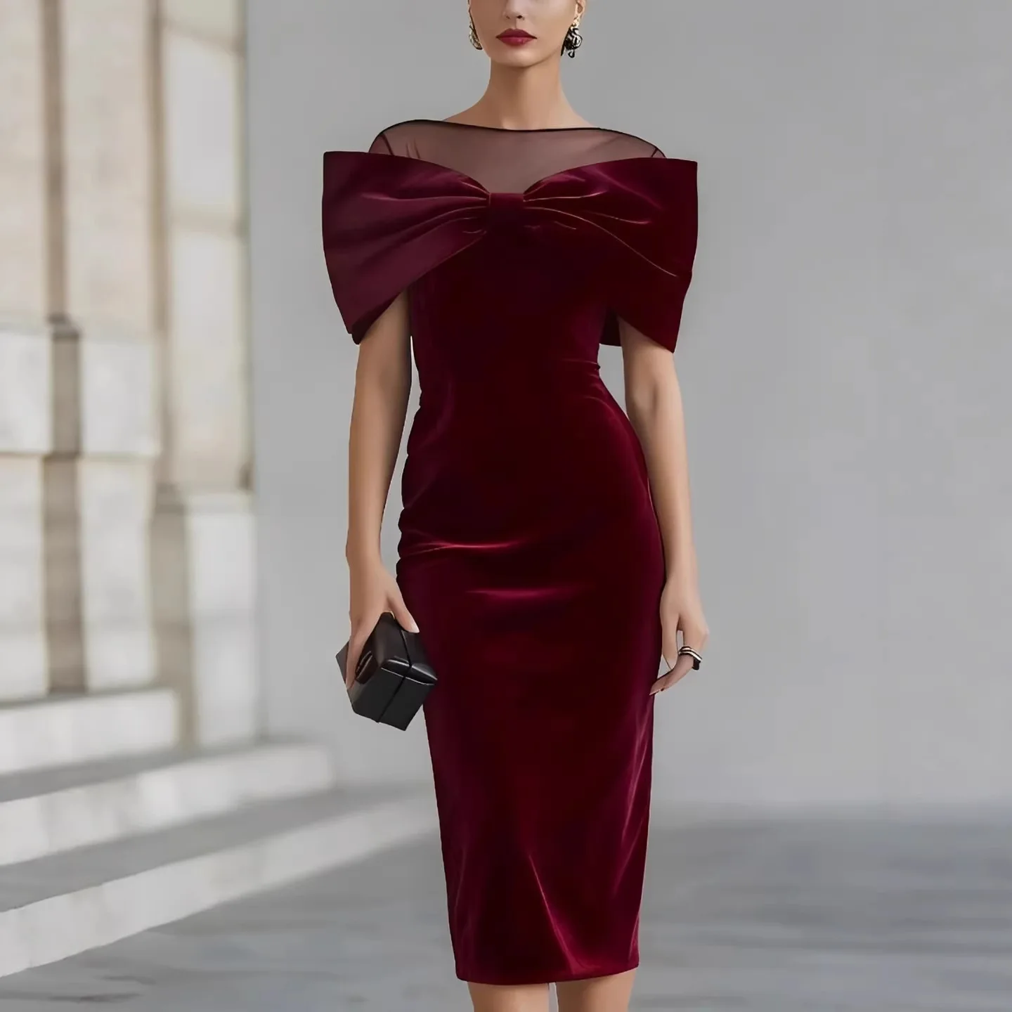 

Women Spring Summer Evening Dresses Elegant Off The Shoulder Velvet Dress with A Bateau Neck Line