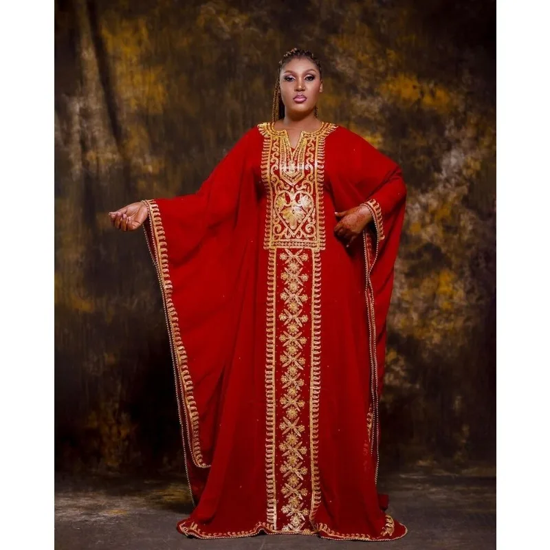 Red Newly Designed Royal Dubai Moroccan Fashion Georgette Kaftan Floor Length