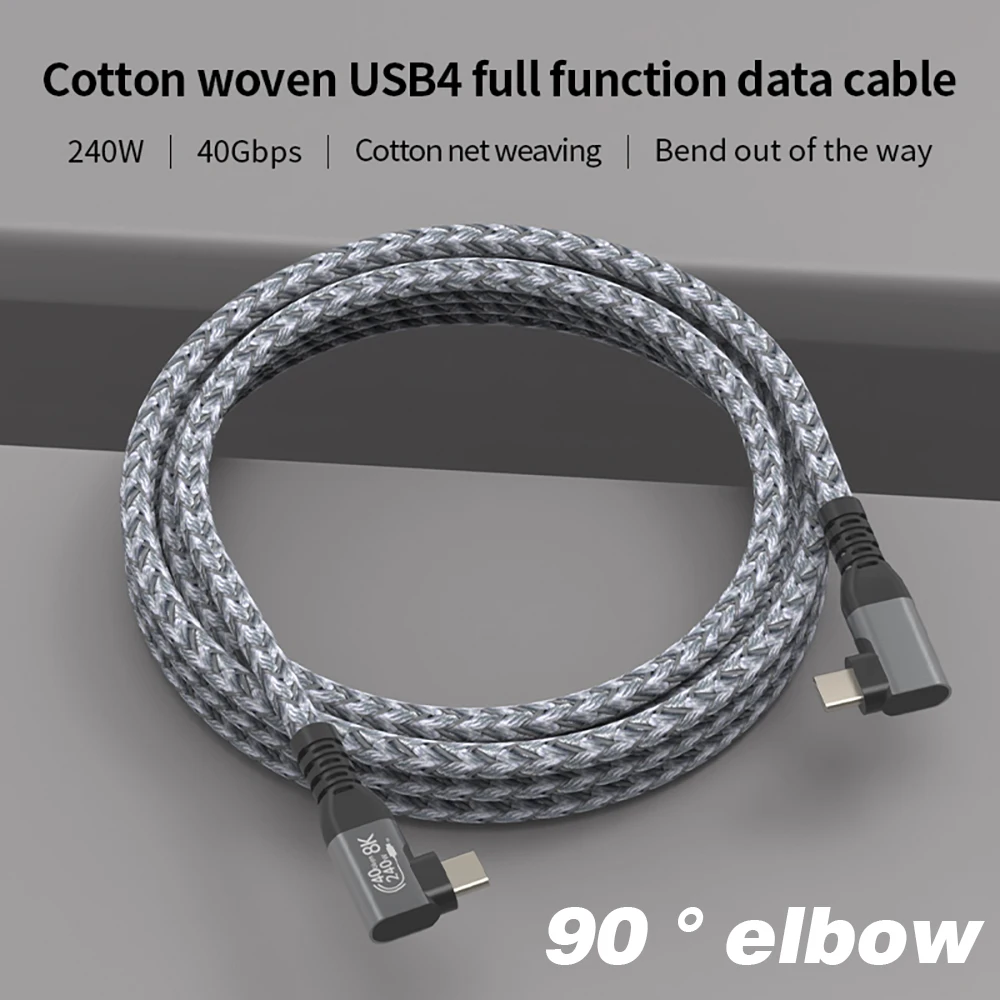 Thunderbolt USB 4 Cabo De Transferência De Dados, Ângulo De 90 Graus, 40Gbps, Cotovelo USB4, Tipo C, Thunderbolt3, PD240W, Carregamento Rápido