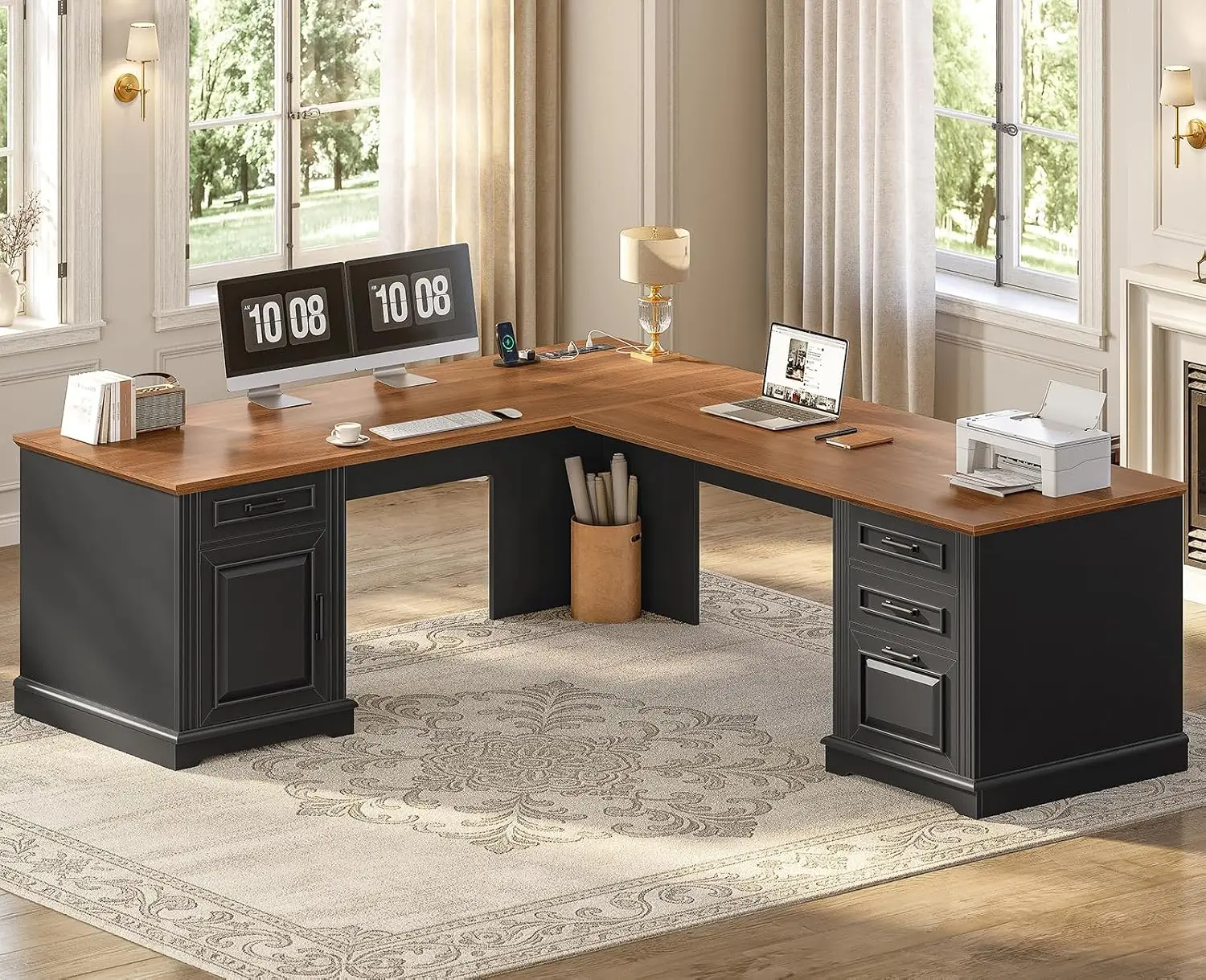 L Shaped Executive Desk with Drawers Storage Cabinet & Power Outlet, Corner Computer Workstation for Home Office 69
