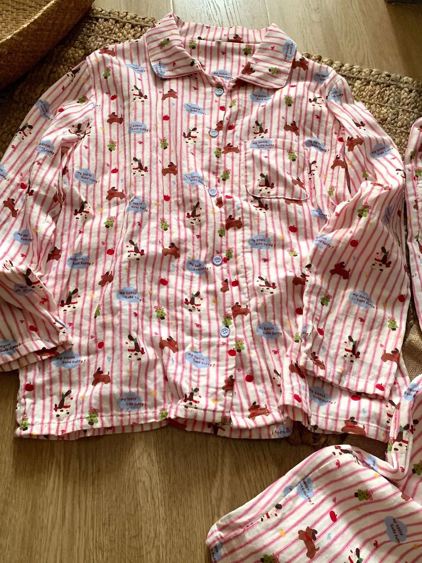 Spring New Pure Cotton Double-layer Yarn Long-sleeved Pajama Japanese Girls Cute Lapel Pure Cotton Loose Loungewear Cartoon Suit