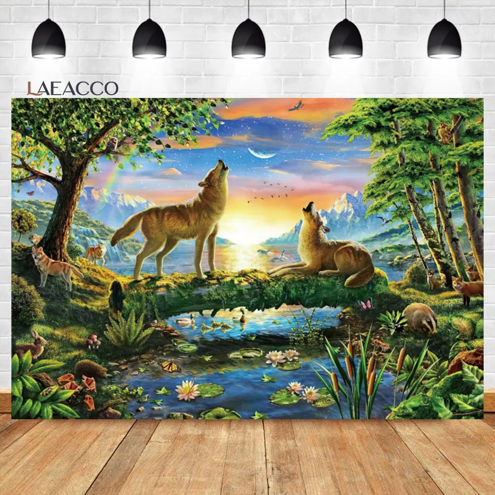 

Laeacco Spring Garden Fairy Tale Forest Wolf Backdrop Baby Shower Kids Birthday Portrait Custom Portrait Photography Background