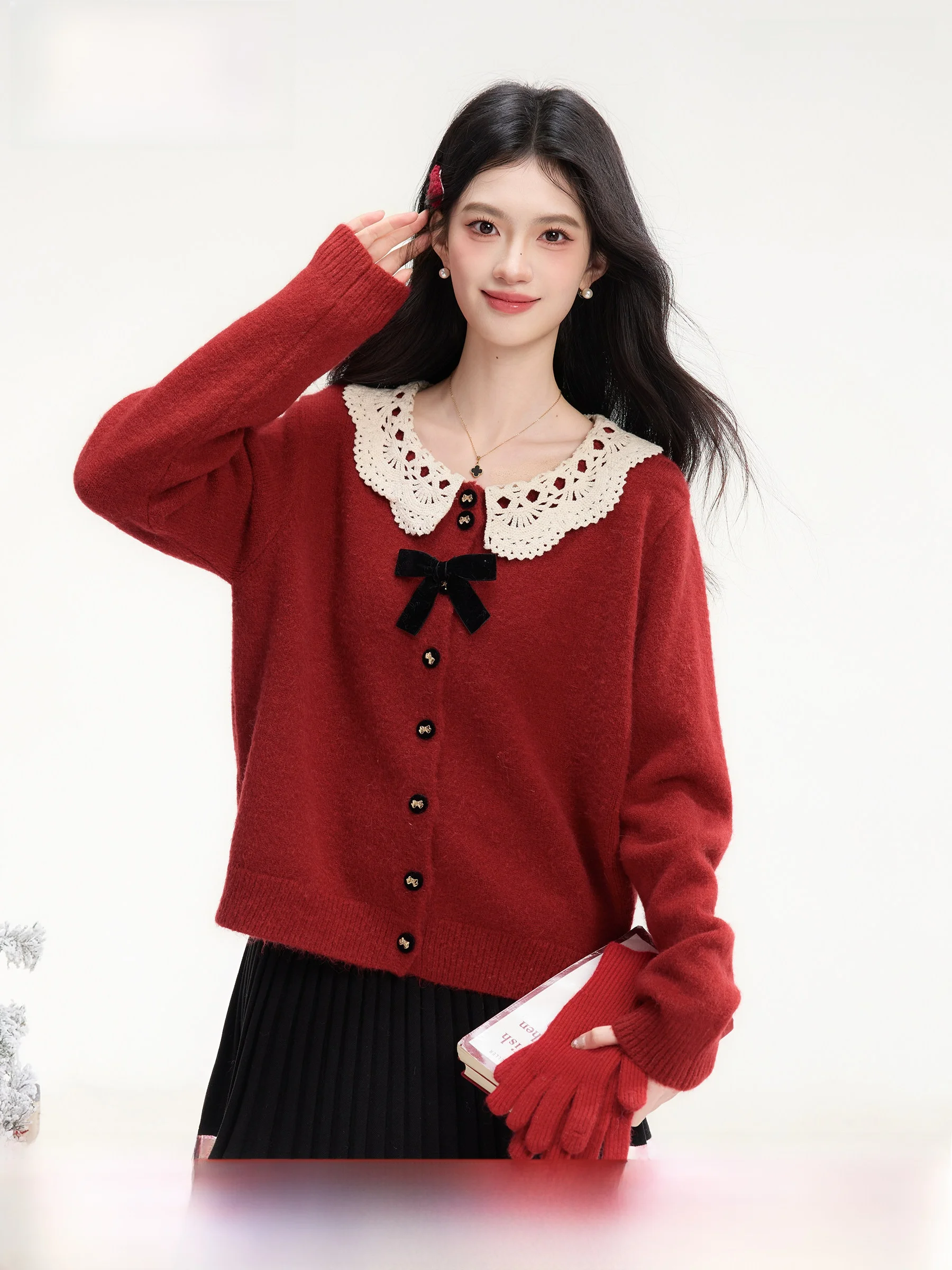 

Red Doll Collar Hook Flower Knot Sweater Cardigan Women's Winter Inner Wear Top Soft Comfortable Long Sve Knitted