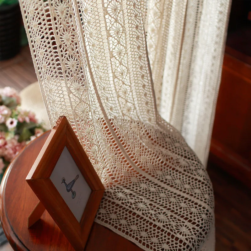 

Rustic Crochet Curtains Living Room Vintage Farmhouse Knitted Boho Beige Rod Pocket Drapes Tassel Curtain for Bedroom Home Decor