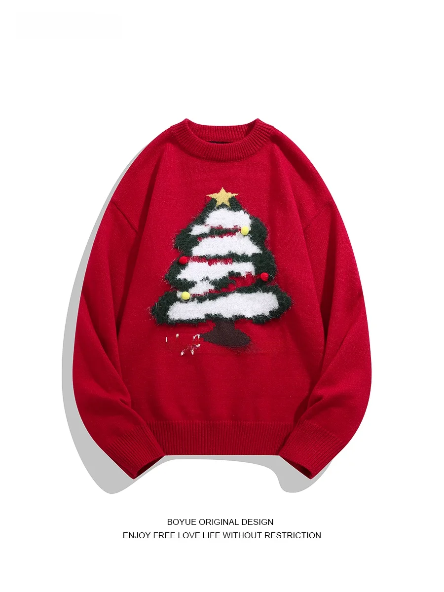 

Свитер BOYUE с узором «Дерево», вязаный, повседневный, свободного кроя, с капюшоном, красный, модный бренд, для мужчин и женщин, зимний теплый топ