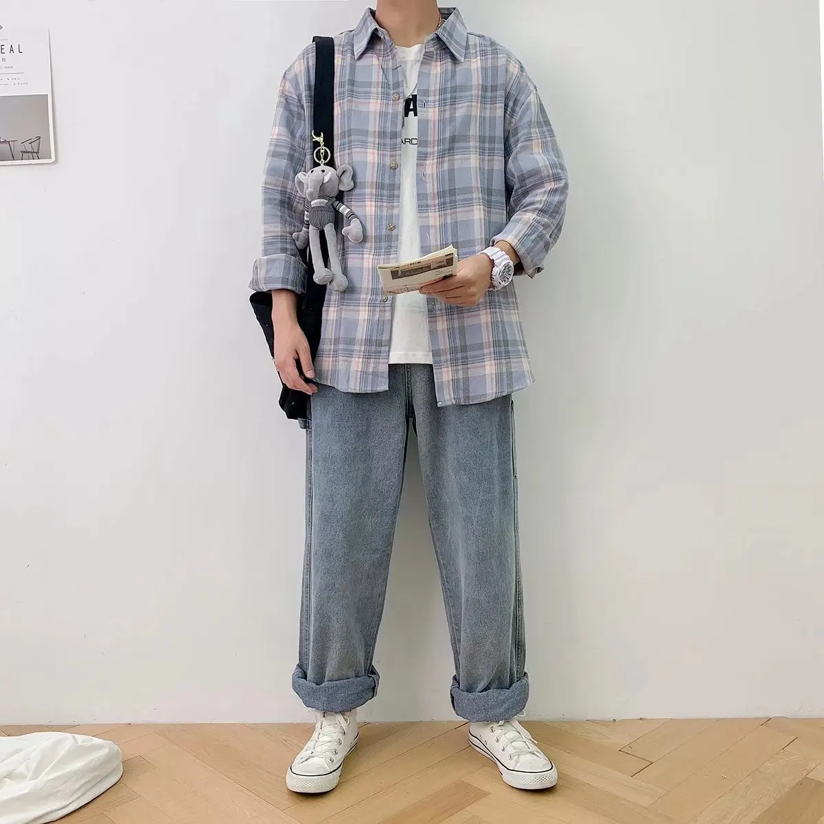 Plaid Shirts Men Harajuku Hot Sales College Unisex Spring Autumn Basic Males Tops Long Sleeve Cozy All-match Clothing Ins