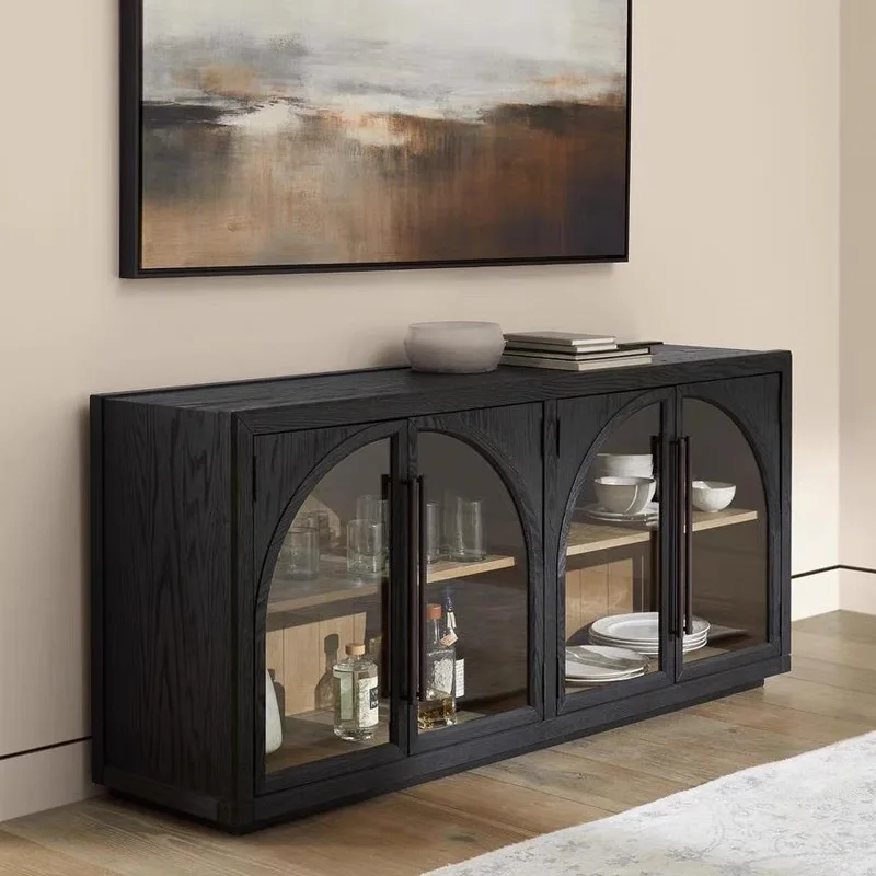 

French retro solid wood bookcase, post-modern simple storage glass floor cabinet, low cabinet, American light luxury