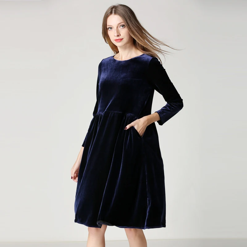 Winter women long sleeve velvet Pleated dress royal blue birthday dress Spring elegant  velour party dress vestido maxi