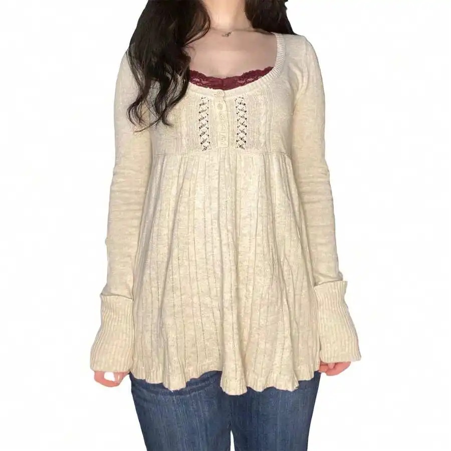 

Women's Cream Knit Tunic Top with Lace Trim, Button Front, Long Sleeve