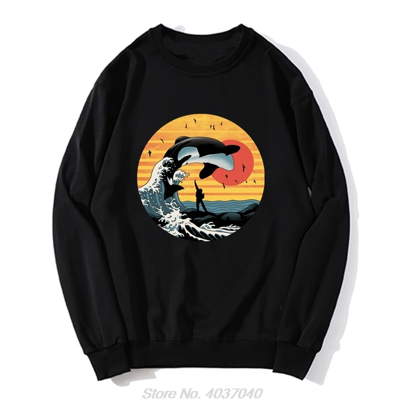 Killer Whale Full Moon Hoodie Kanagawa Surf Orca Willy Seaworld Vintage Retro Movie Save Animal Free Willy Pullover Sweatshirt