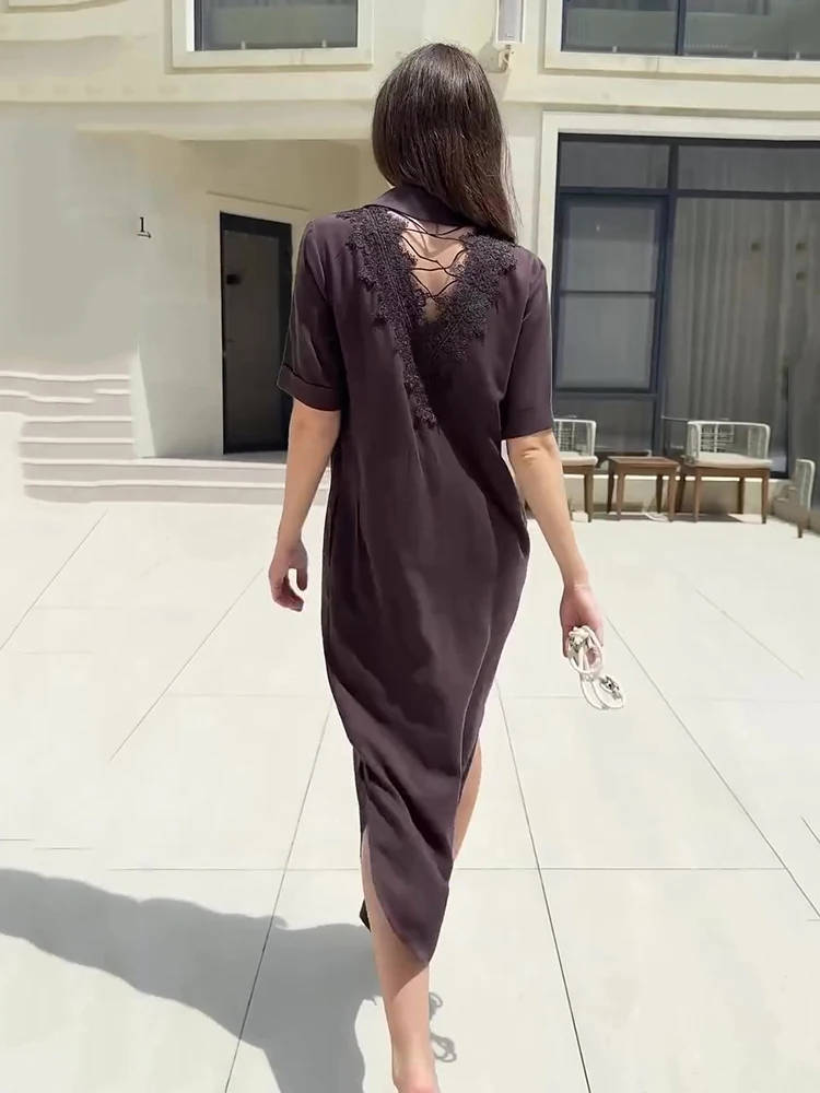 우아한 뒤 자수 속이 빈 드레스 봄 여성 싱글 브레스트 셔츠 드레스 여름 높은 허리 느슨한 무릎 길이 드레스