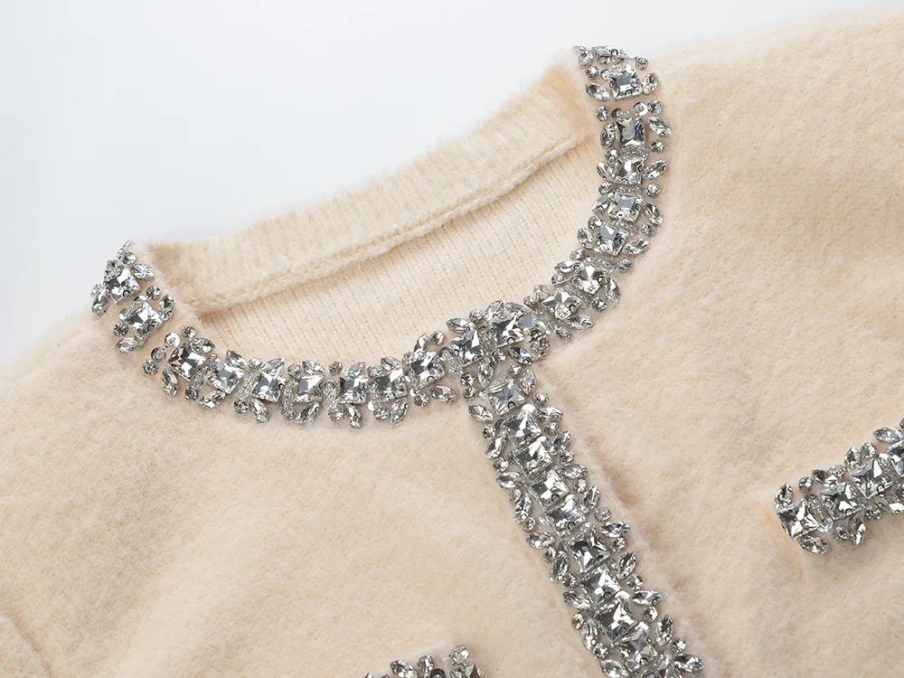 Luxury Beige Autumn Beading Crystal Diamonds Knitted Sweater Cardigans Mermaid Short Skirts Suits Women Knitting Two Piece Sets