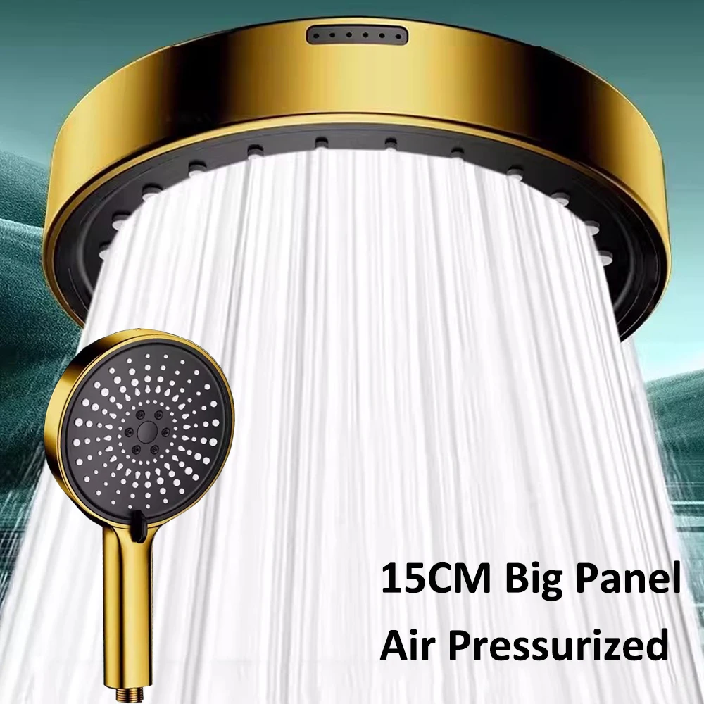 

New Pressurized Golden Bathroom Shower Head High Pressure Water Saving Spray Nozzles 6 Modes Adjustment 15CM Large Flow Shower