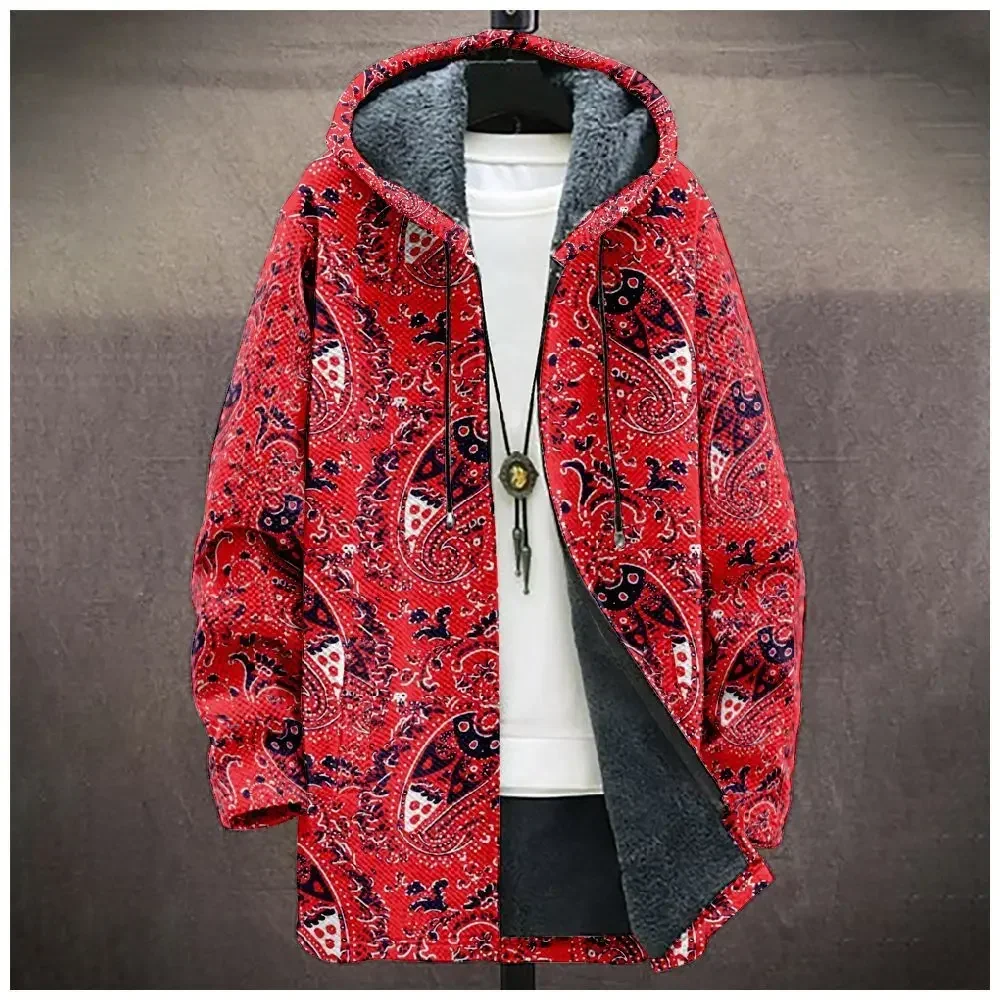 Men Cardigans Coats Cashew Flower Pattern Art Graphics Printed Plush Thick Winter Casual Streetwear Unisex Women Clothing