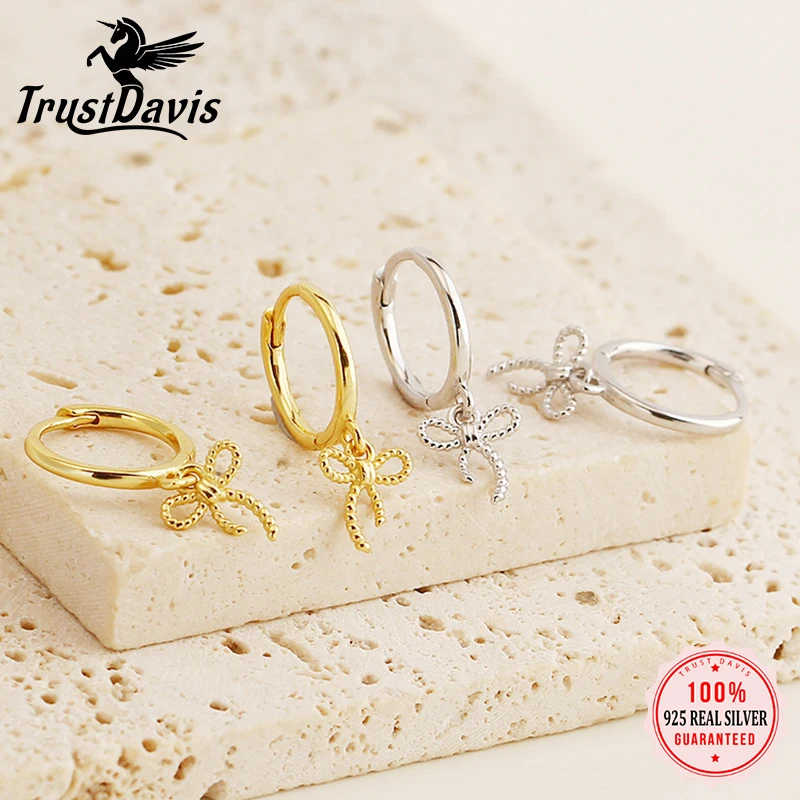 

TrustDavis стерлингового серебра 925 пробы, модные серьги-кольца с лентой и узлом для дочери и девочек, подарок на день рождения, ювелирные изделия DA1993