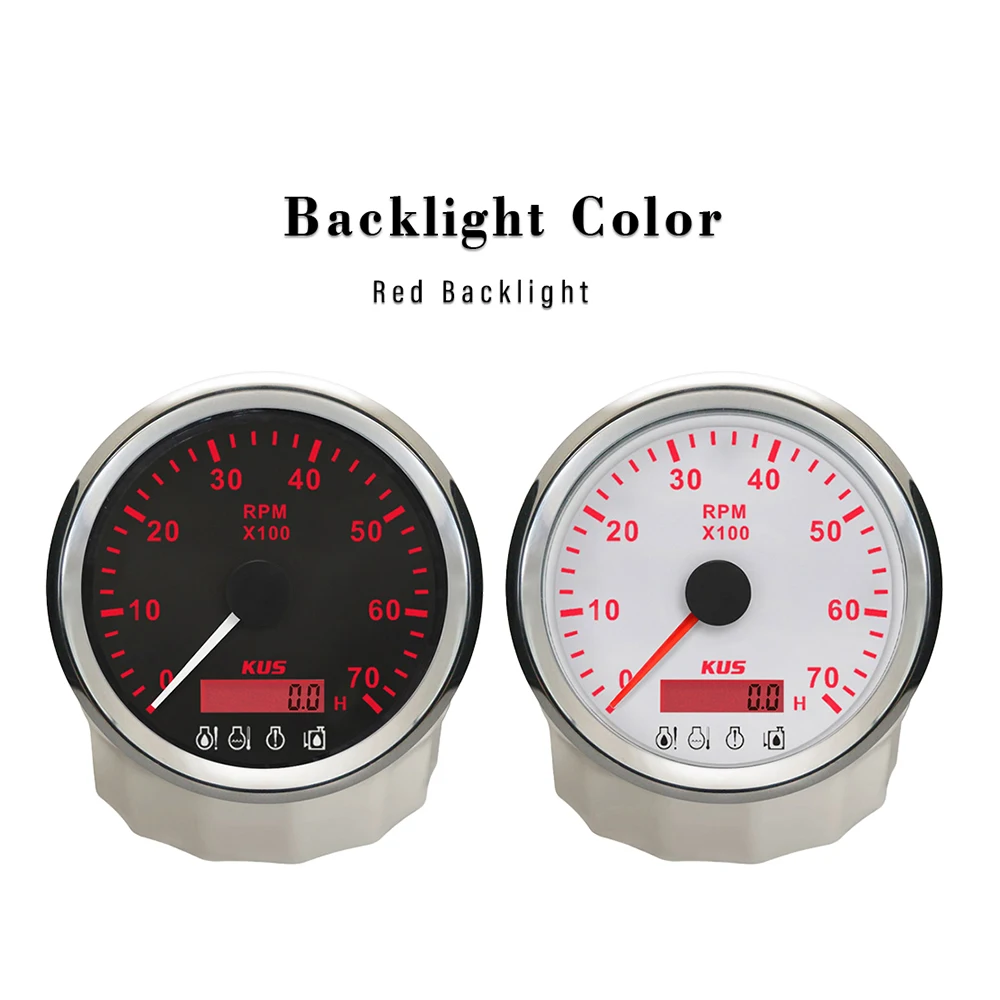 KUS 85mm Waterproof  Tachometer 0-7000RPM with Hourmeter and 4-LED Alarm Red Backlight for 12VDC Cars Boats Motorcycle