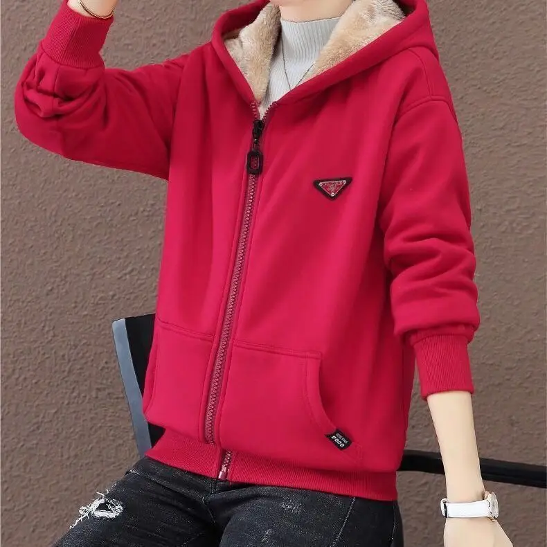 Women's Fce Lined Thi Warm Coat Autumn Winter plus Size Loose Casual Sle Zipper Closure Hooded Top Trendy Ins Sle