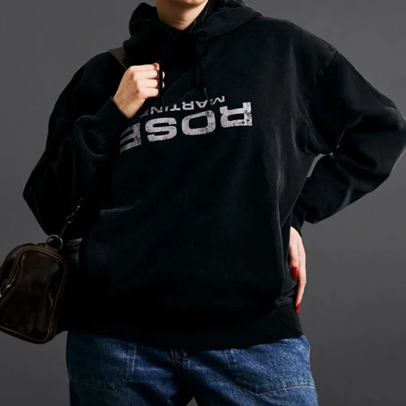 25FW أفضل جودة كلاسيكي مقلوب رسائل شعار طباعة مارتين روز هوديي مقنعين الرجال النساء زوجين Vintage البلوفرات السوداء المغسولة