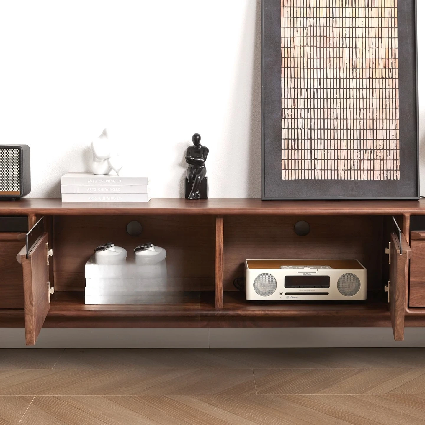 خزانة تلفزيون من خشب الجوز الأسود، وخزانة خط هيكل عظمي يابانية بسيطة وحديثة، وخزانة تخزين من الخشب الصلب الاسكندنافي #5