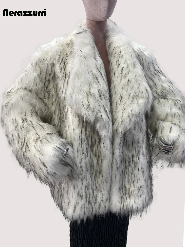 Nerazzurri Winter Oversized Shaggy Hairy Soft Fluffy Thick Warm White Faux Fox Fur Coat Women Loose Casual Runway Fashion 2024