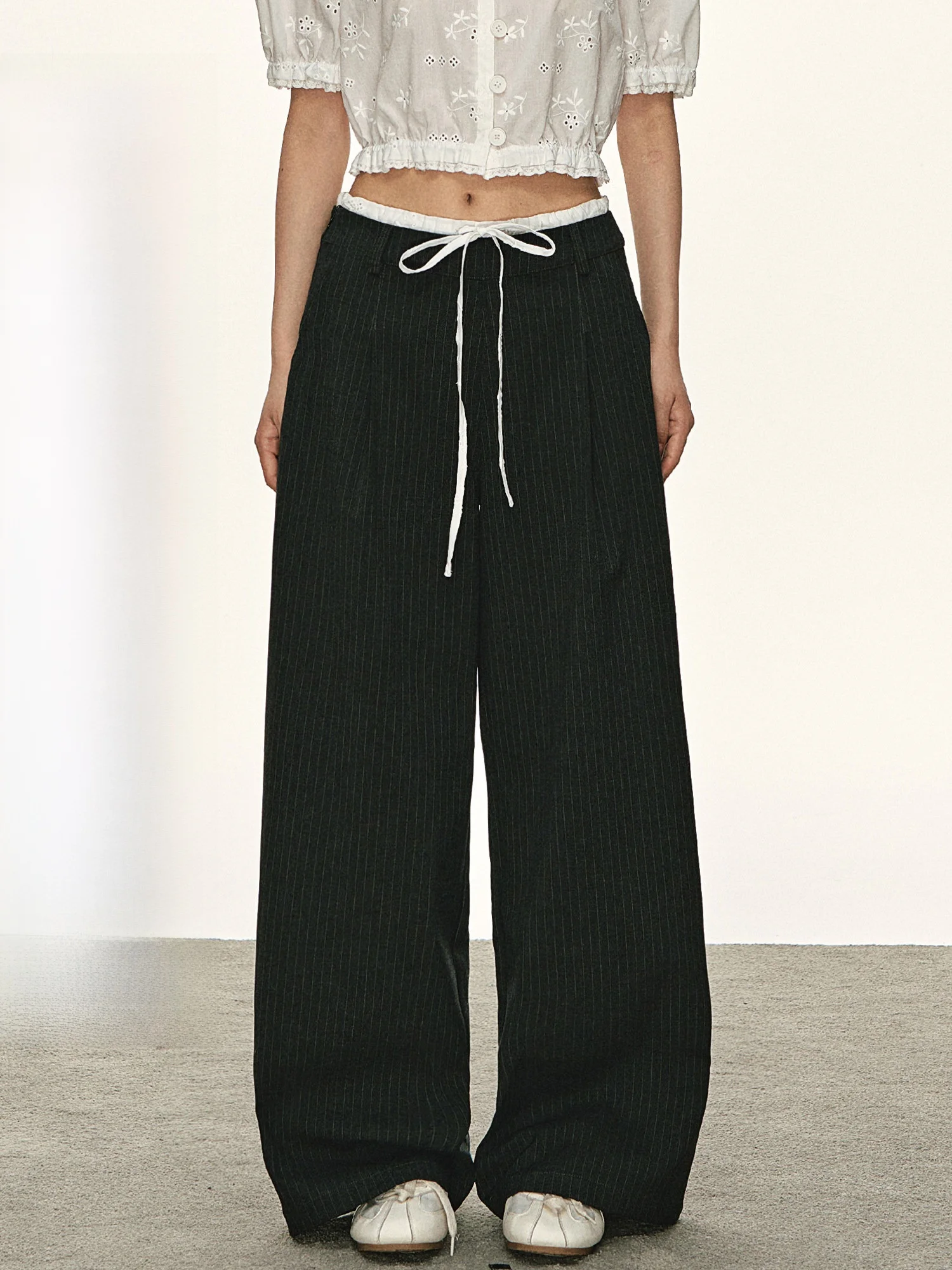 Deep Grey Draped Stripe Straight Leg Wide Leg Pants Women Summer Thin Loose Casual Trousers Casual Style Low Waist Belted