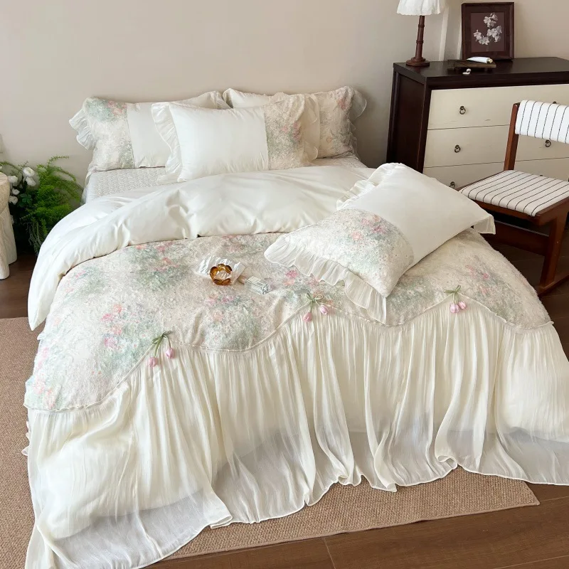French Girl Heart Long-staple Cotton Four-piece Set Pure Cotton Lace Edge Tulip Quilt Cover Bed Cover Pillowcase Bedding Set