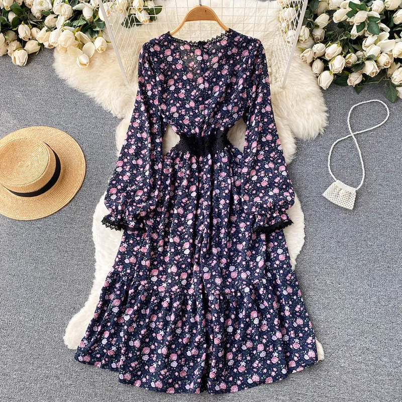 Nieuwe Zomer Bloemen Gedrukt Bohemian Jurken Vrouwen Vintage V-hals Zonnejurk Mid-Lengte Party Dress Lady Slim Lange Mouwen vestidos