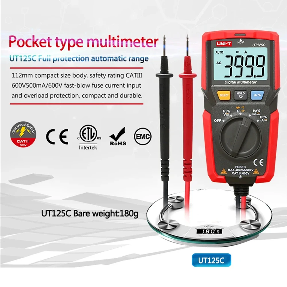 UNI-T مقياس متعدد صغير UT33A + UT33B + UT33C + UT33D + UT120A UT120B UT120C UT123 UT123D UT125C مقياس رقمي متعدد بحجم الجيب