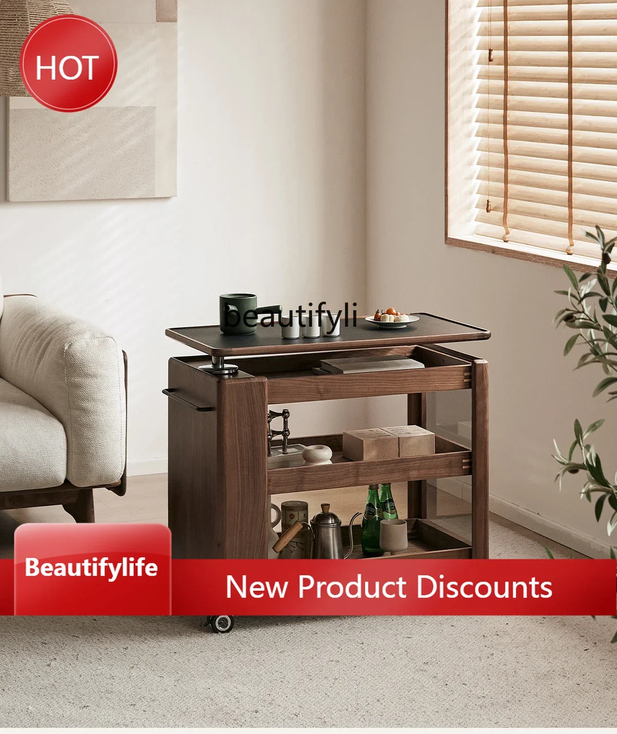 

A57 Solid Wood Coffee Table Multi-Functional Removable Tea Cart Nordic Home Trolley Sofa Adjustable Side Cabinet furniture