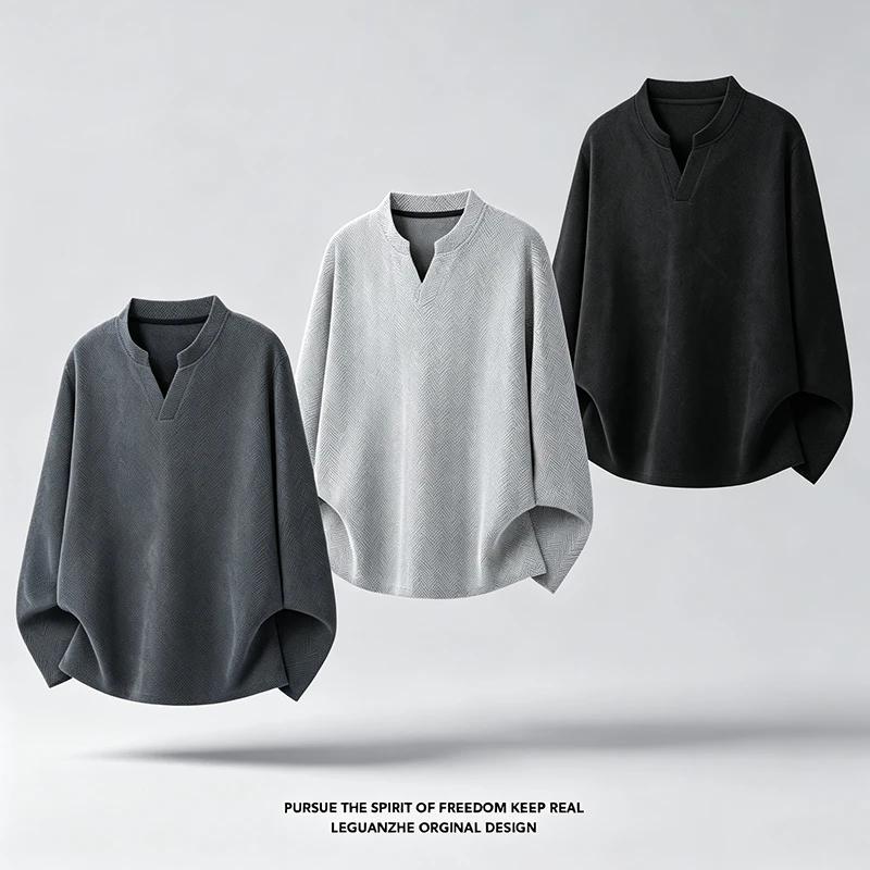 Herren-T-Shirt mit V-Ausschnitt, Fischgrätmuster, langen Ärmeln, einfarbig, lockerer Oversize-Schnitt, weich, lässig, Pullover-Stil. – Detail 3