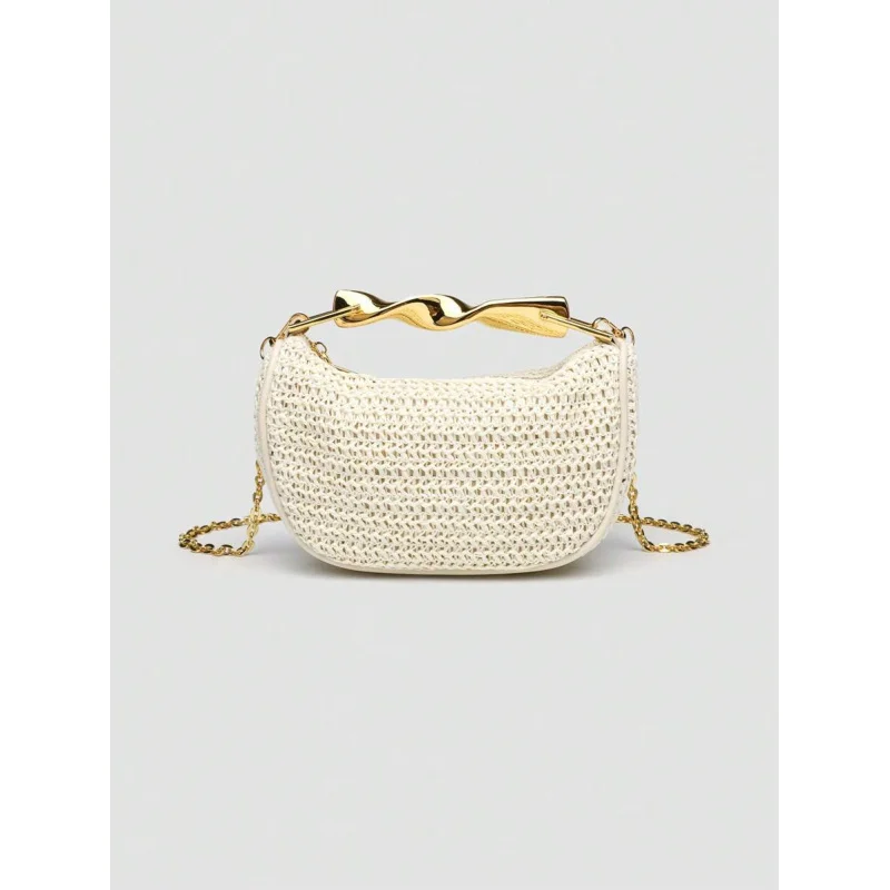 1 قطعة ، وصول صيفي جديد ، نسائي ، مقبض معدني صغير كروسبودي سحاب ، حقيبة صغيرة منسوجة من القش ، لادي عادية