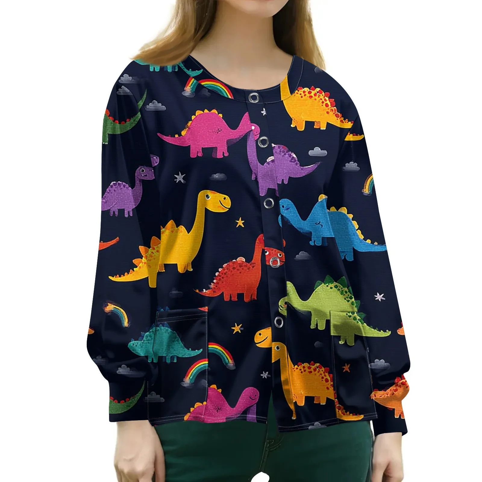 

Autumn Long-sleeved Nursing Uniform T-shirt Women's Casual Round Neck Single-breasted Animal Print Protective Suit Cardigan Top