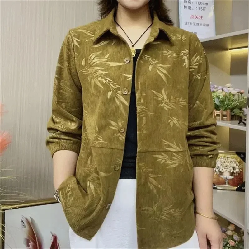 Autumn New Style Shirt Women's Upscale Striped Velvet Bamboo Leaf Embossed Fashion Long Sleeve Loose Jacket Women's Top Basic