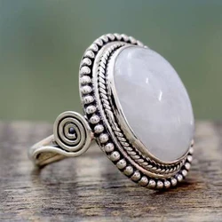 Huitan Oval Simulated Opal Rings for Women Vintage Antique Silver Color Hot Trend Female Accessories Daily Wear Party Jewelry