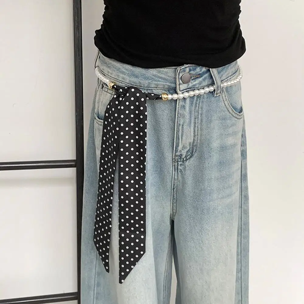 

Versatile Women Waist Belt Pearl Splicing Scarf Classic Polka Dot Scarf Decorative Bag Strap Ribbon Headbands Elegant Hair Scarf