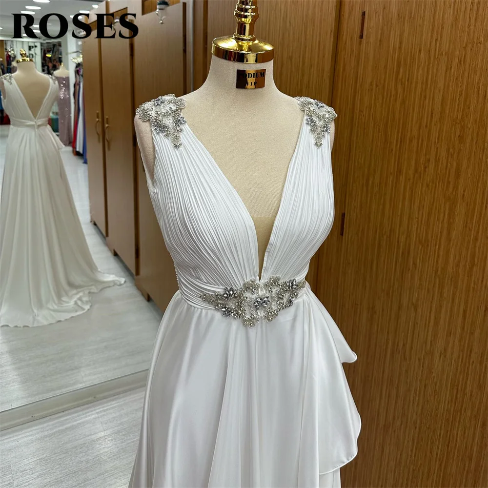 ROSES White Prom Dresses Deep V-Neck Evening Dress Simple A-Line Open Back Vestido De Novia Tank Crystal Sleeveless Party Dress