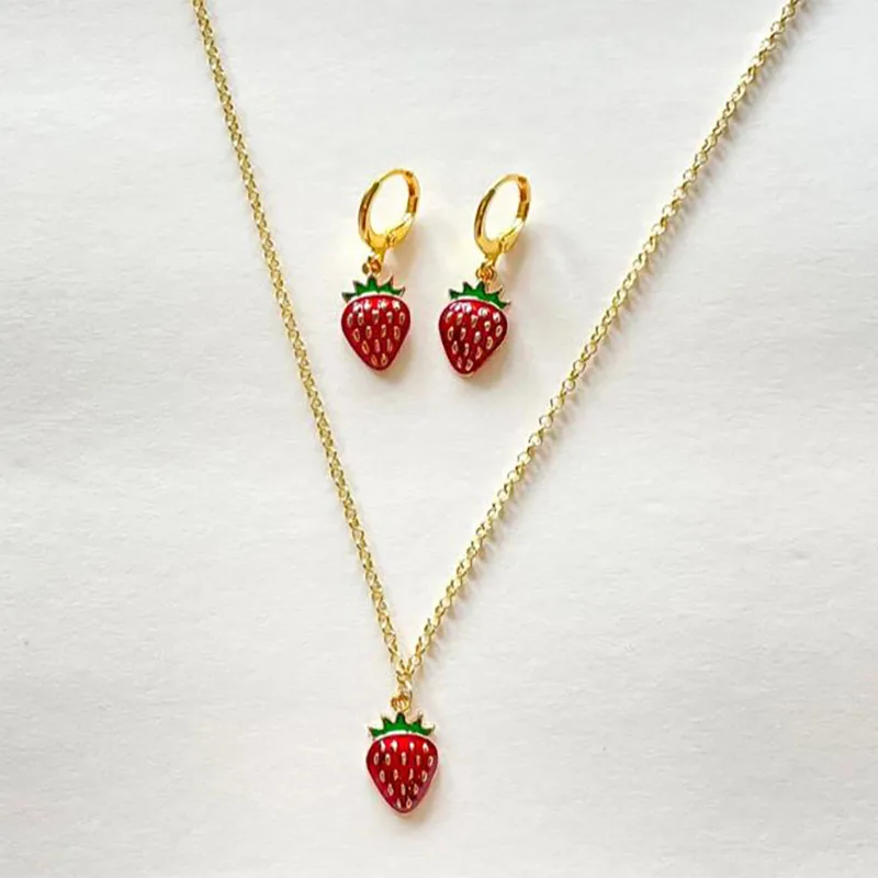 strawberry jewelry necklace earrings set y2k indie jewelry