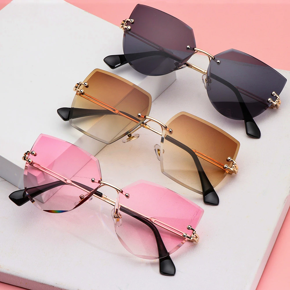 Óculos Gradiente Frameless para Mulheres, Metal Óculos De Sol, Cat Eye, Rimless Shades