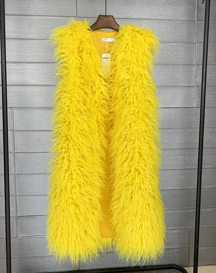 Mode Winter 75 cm Lange Pluizige Nepbont Vest Vrouwen Kleurrijke Faux Mongolië Schapenbont Gilet Nep Bont Jassen Winterjas vrouwen
