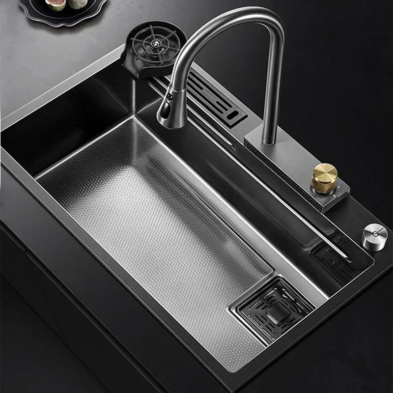 Honeycomb Water Tank Slot Stainless Steel Kitchen Sink Large Single Groove Flying Rain Waterfall Faucet Vegetable Washing Basin