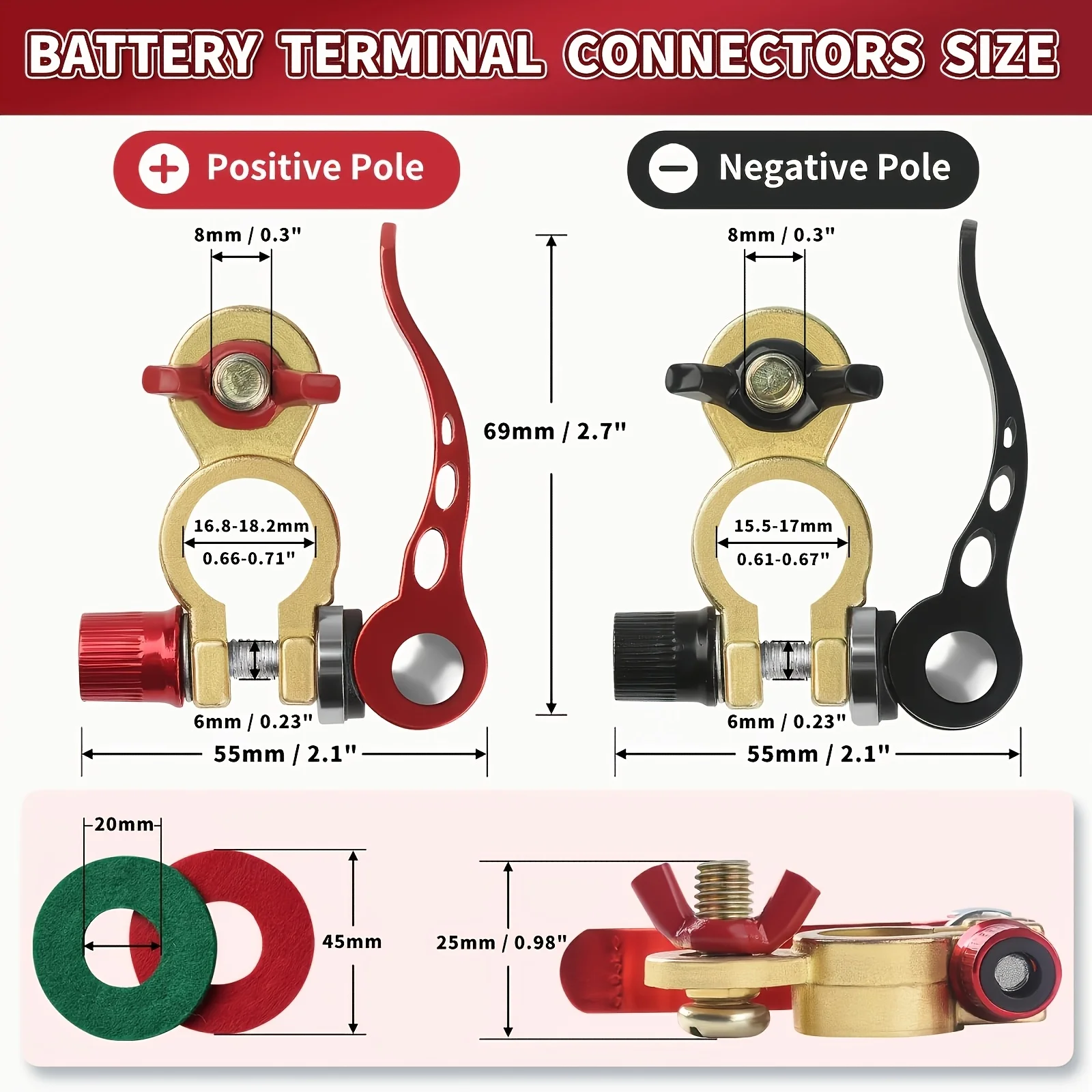 8 AWG Quick-Connect Battery Cable Set, Heavy-Duty Automotive Extension Cords with Protective Washers for Car and Tractor Batteri
